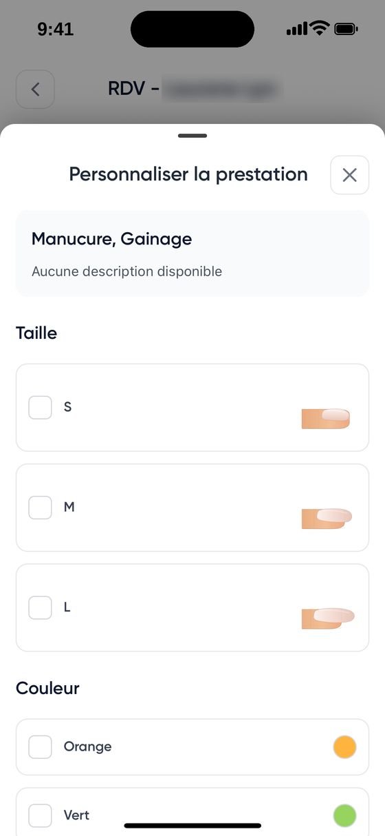 Écran de personnalisation de la prestation dans Mallow : taille, couleur