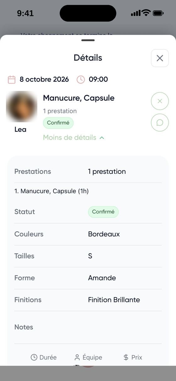 Détail d'une réservation personnalisée : couleur, taille, forme et finition